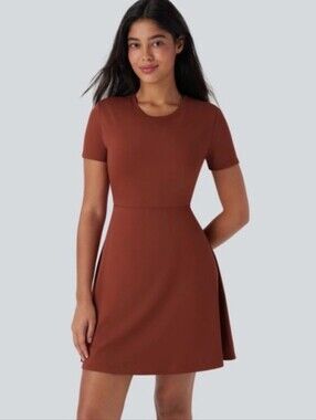 Cut Out Flare Mini Dance Active Short Sleeve A-Line Dress In RUST
